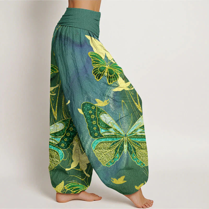 Buddha Stones Cotton Casual Butterfly Gold Line Pattern Women's Elastic Waist Harem Pants