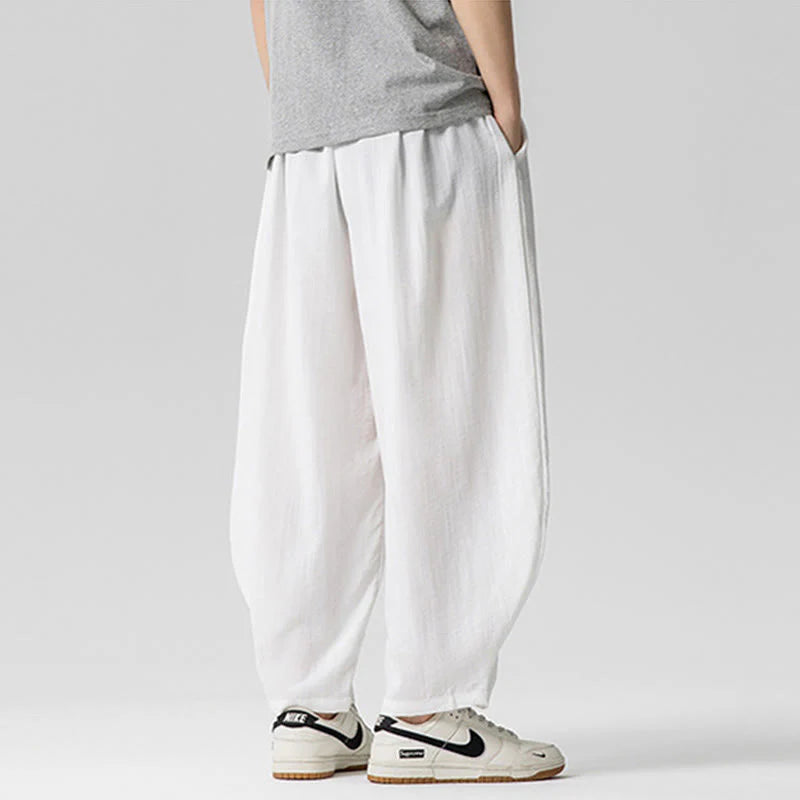 Buddha Stones Summer Pure Color Drawstring Men's Cotton Ankle-Length Pants With Pockets