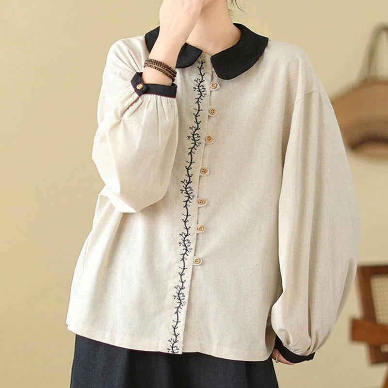 Buddha Stones Spring Embroidery Buttons Design Women's Cotton Peter Pan Collar Long Sleeve Shirt