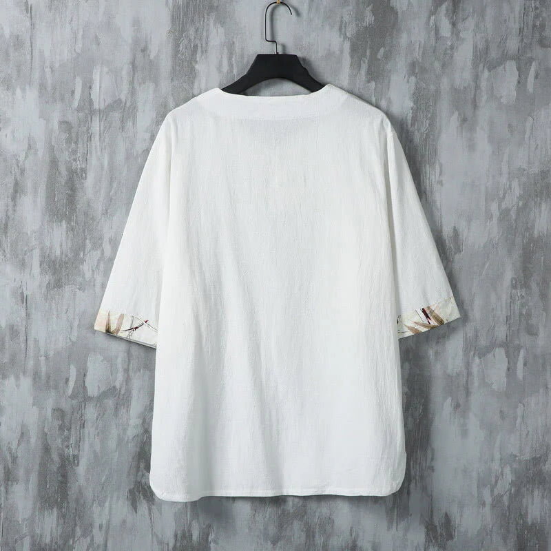 Buddha Stones Summer Frog-Button Yellow Bamboo Leaves Half Sleeve Men's Linen Shirt