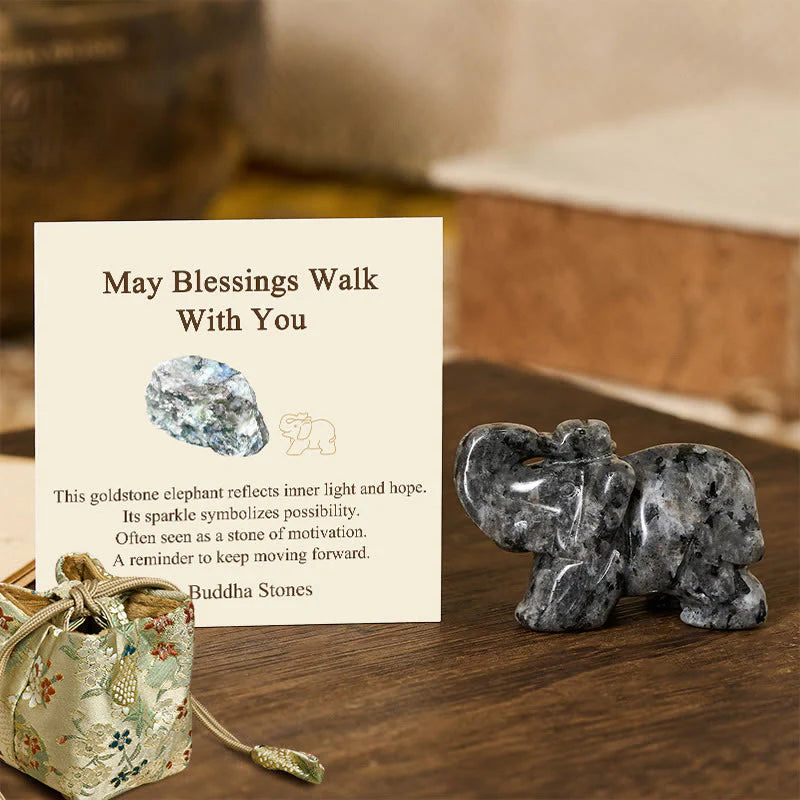 Buddha Stones ''May Blessings Walk With You'' Natural Small Elephant Amazonite Amethyst Jade Black Obsidian Stone Decoration Includes Gift Message Card