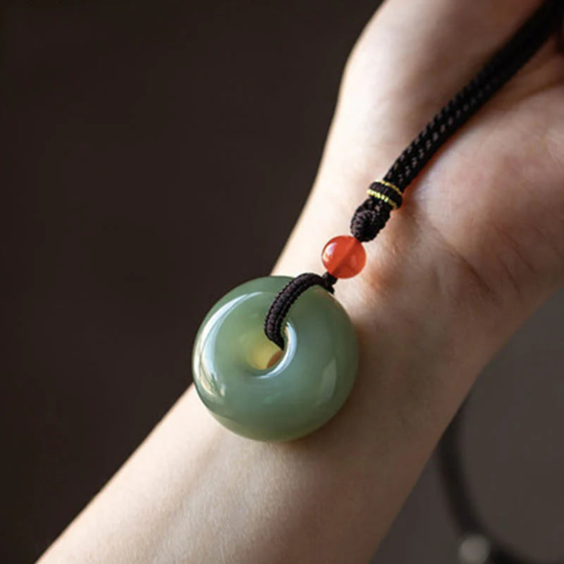 Buddha Stones Natural Round Jade Peace Buckle Lotus Abundance String Necklace Pendant