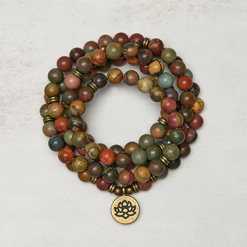 Buddha Stones Retro Lotus Symbol Charm Round Bead Red Turquoise Warm Mala
