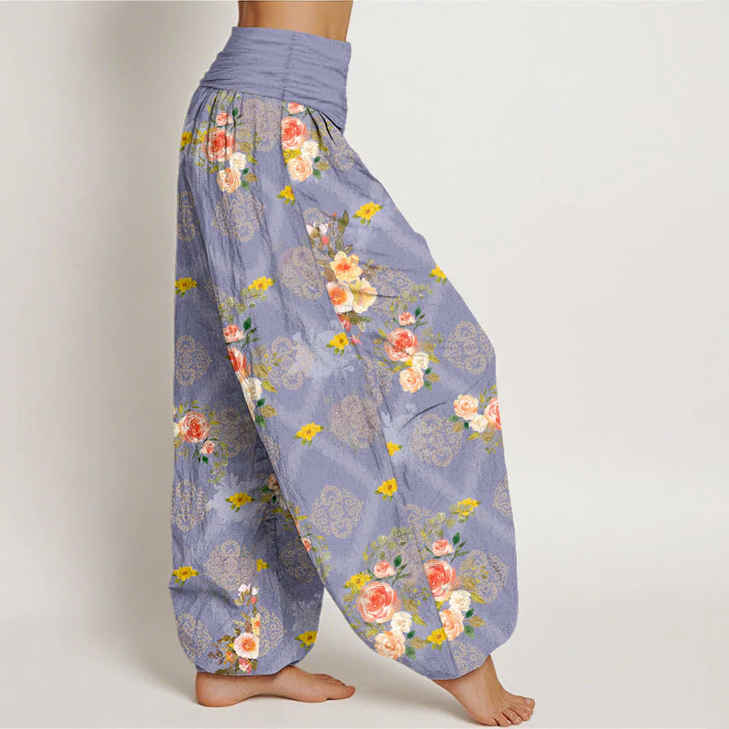 Buddha Stones Cotton Rose Geometric Colorful Flower Pattern Women's Elastic Waist Harem Pants