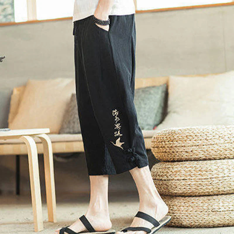 Buddha Stones Crane Embroidery Cotton Men's Cropped Harem Pants With Pockets