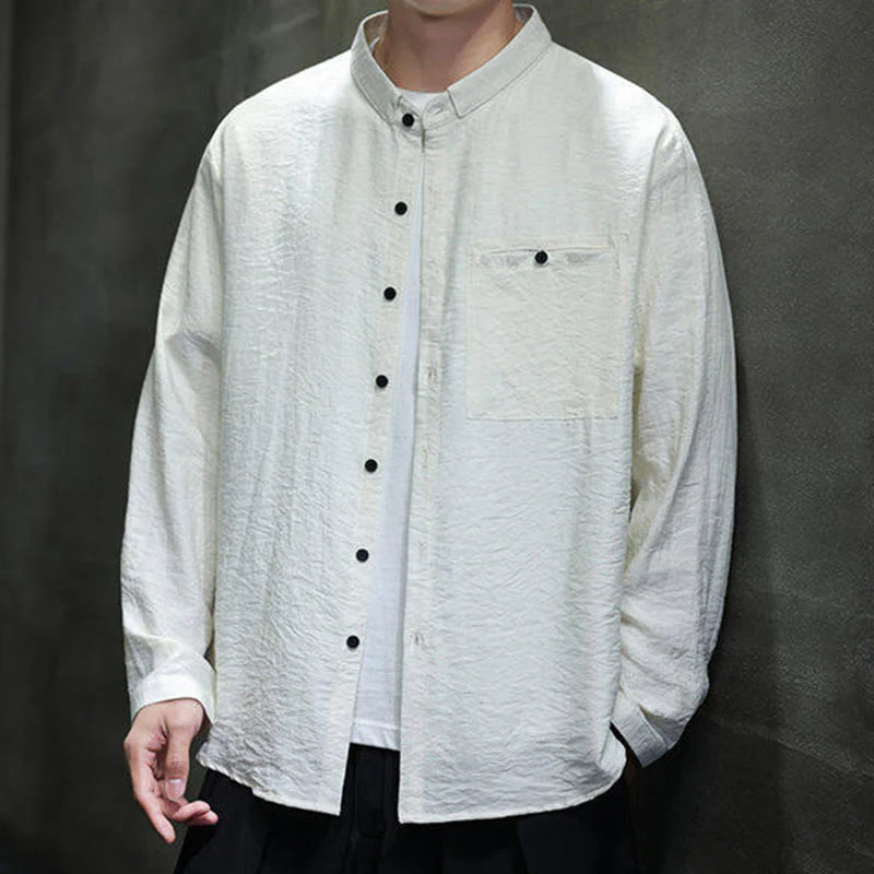 Buddha Stones Spring Men's Solid Color Buttons Design Long Sleeve Shirt