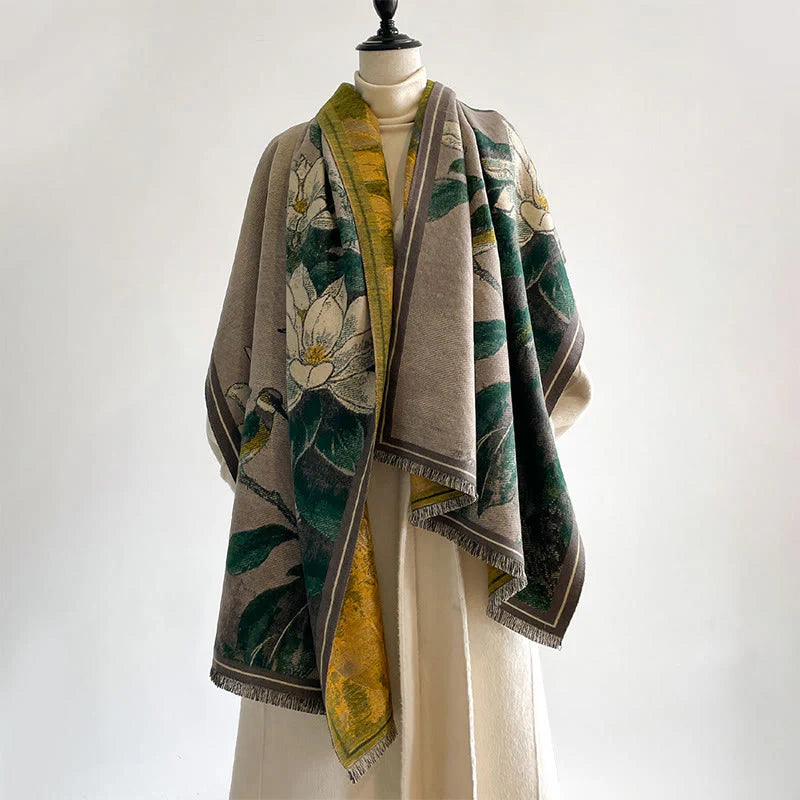 Buddha Stones Winter White Magnolia Flowers Little Bird Pattern Warm Cozy Scarf Shawl