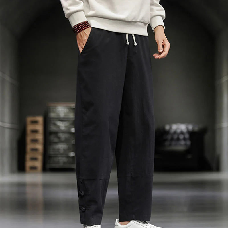 Buddha Stones Drawstring Elastic Waist Frog-Button Ankle-Length Men's Cotton Pants With Pockets