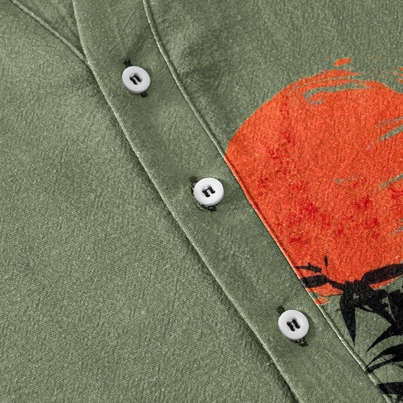 Buddha Stones Cotton Simple Red Sun Bamboo Pattern Men's Short Sleeve Half Button Shirt