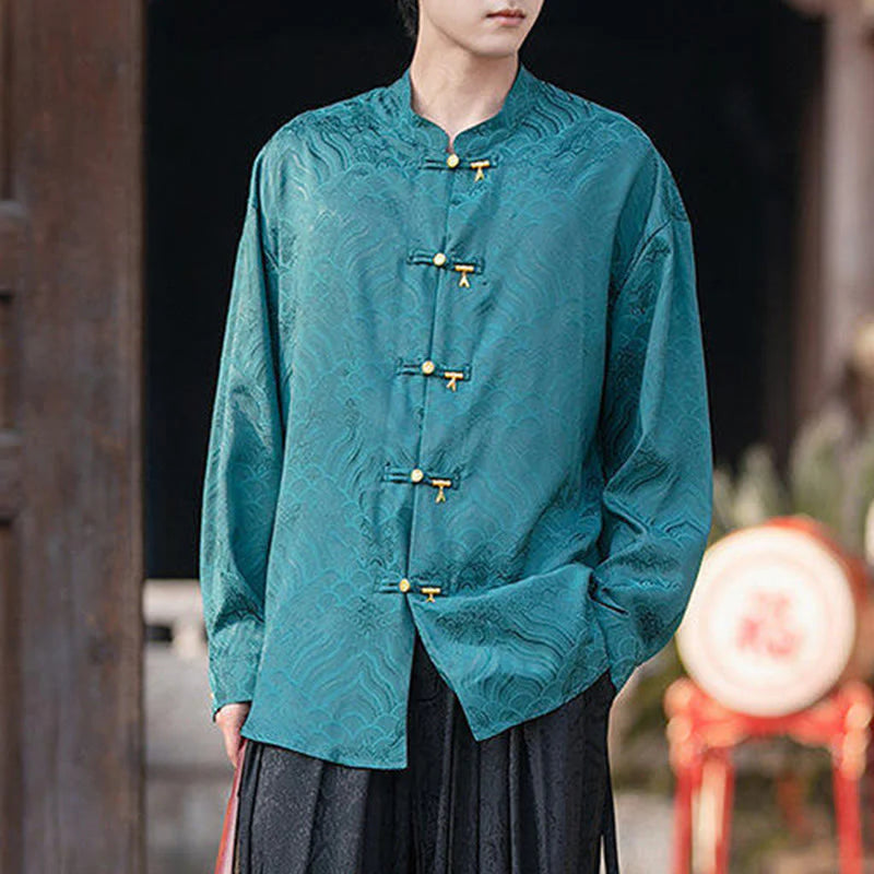 Buddha Stones Chinese Frog-Button Bamboo Shape Design Stand Collar Men's Long Sleeve Shirt