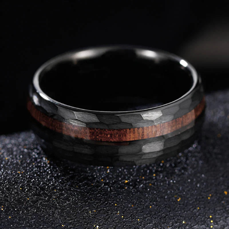 Buddha Stones Hammered Texture Inlay Tungsten Steel Endurance Ring