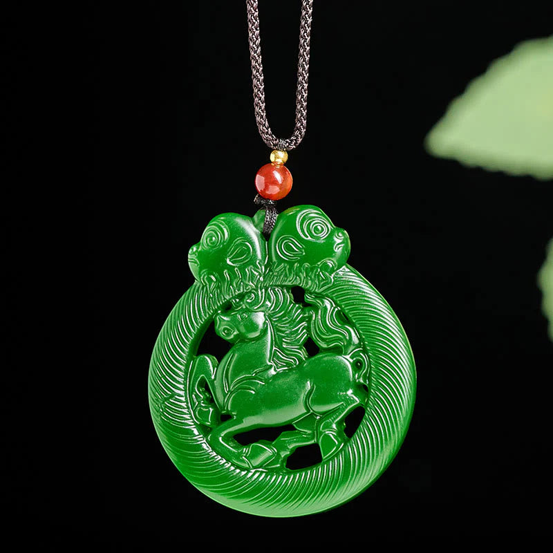 Buddha Stones Year Of The Horse Jade Prosperity Hollow Necklace Pendants