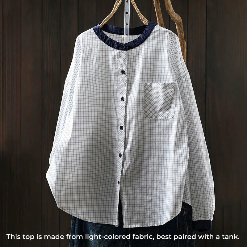 Buddha Stones Plaid Contrasting Buttons Down Long Sleeve Women's Cotton Shirt