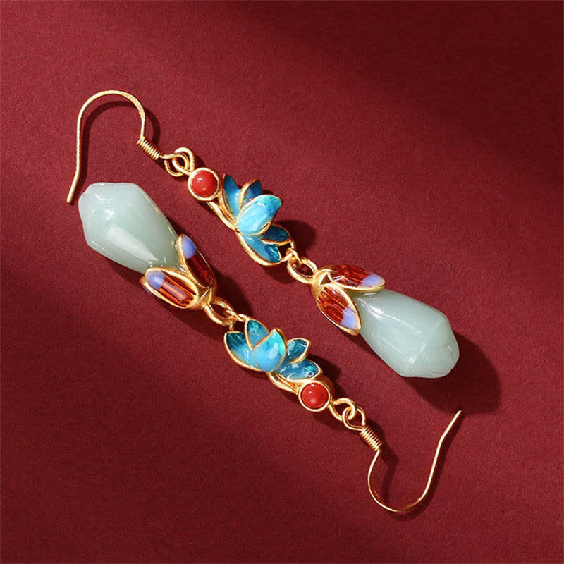 Buddha Stones Magnolia Flower Jade Pattern Luck Prosperity Drop Dangle Earrings