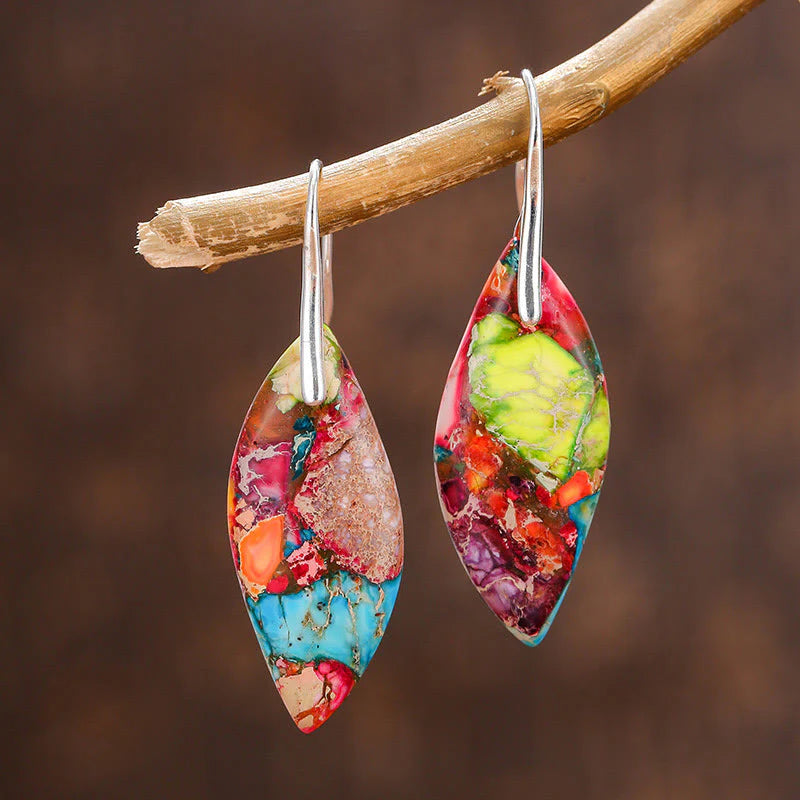 Buddha Stones Natural Emperor Stone Water Drop Leaf Shape Happiness Earrings
