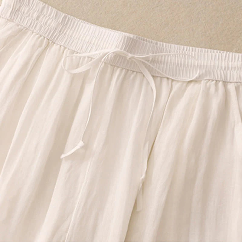 Buddha Stones Causal Vintage Plain Drawstring Lace Patchwork Design Women's Wide Leg Cotton Elastic Waistband Pants With Pockets