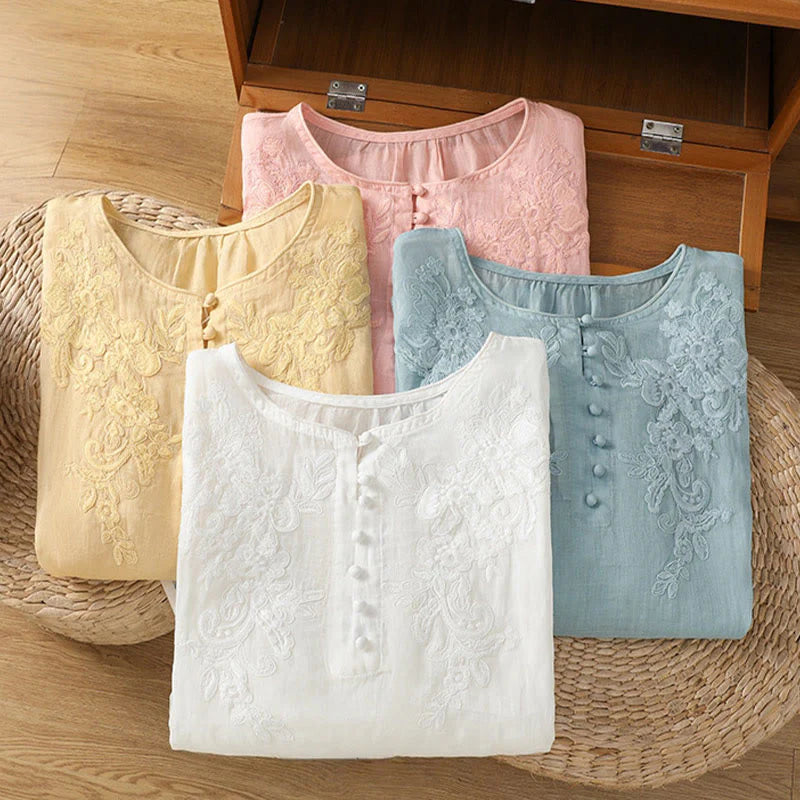 Buddha Stones Flower Vines Embroidery Button Crew Neck Three Quarter Sleeve Women's Cotton Shirt