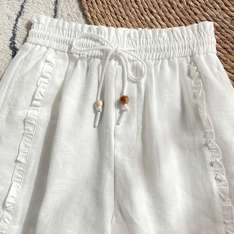 Buddha Stones Summer Drawstring Ruffle Elastic Waist Women's Shorts With Pockets