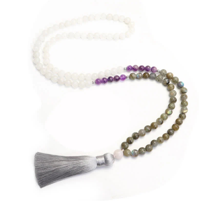 Buddha Stones 108 Mala Beads White Agate Amethyst Black Glitter Stone Protection Bracelet (Extra 35% Off | USE CODE: FS35)