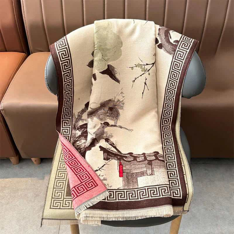 Buddha Stones Fall Plum Blossom Eaves Ink Painting Pattern Cozy Scarf Shawl