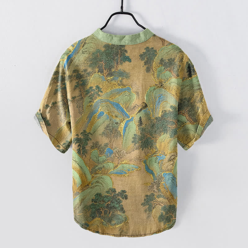 Buddha Stones Cotton Mountain Emblem Men's Short Sleeve Half Button Shirt