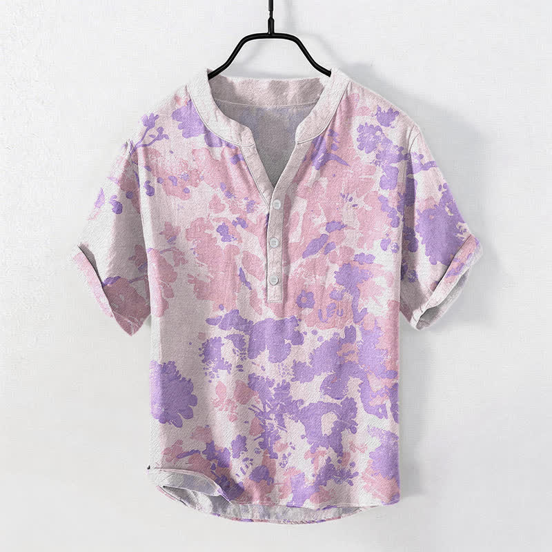 Buddha Stones Cotton Watercolor Floral Henley Men's Short Sleeve Half Button Shirt