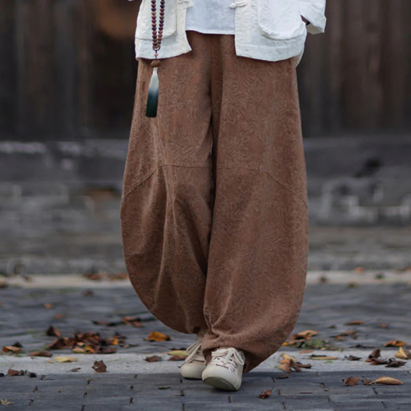 Buddha Stones Fall Jacquard Women's Frog-Button Long Sleeve Shirt Pants Cotton Linen Clothing