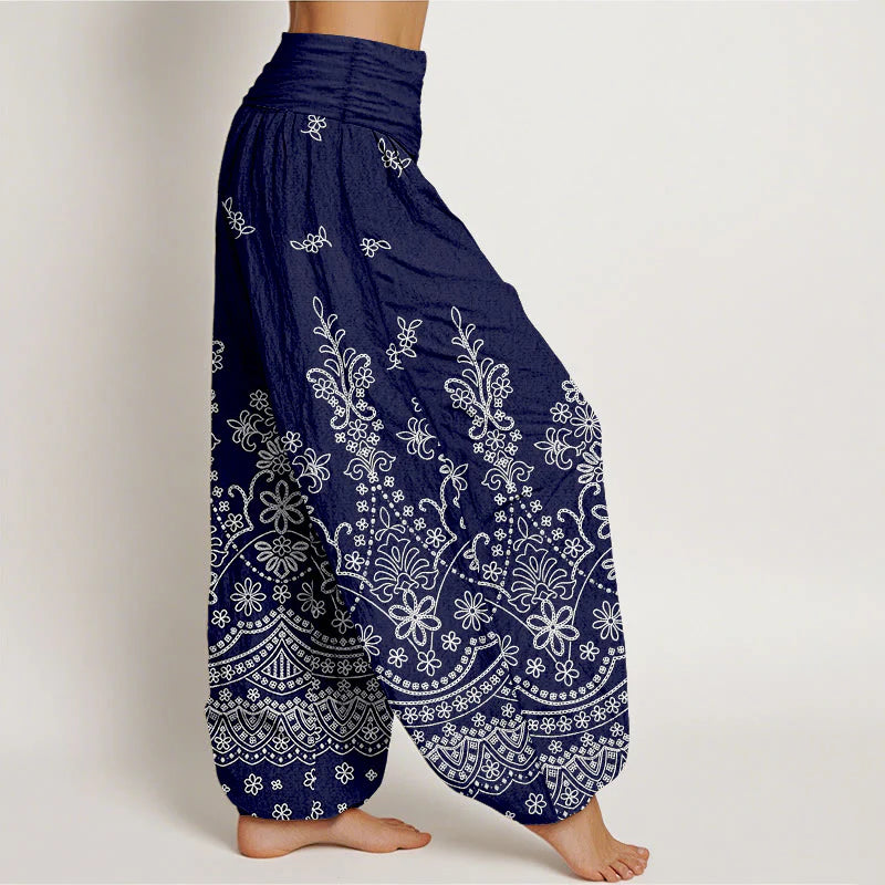 Buddha Stones Cotton Mandala White Flower Pattern Women's Elastic Waist Harem Pants