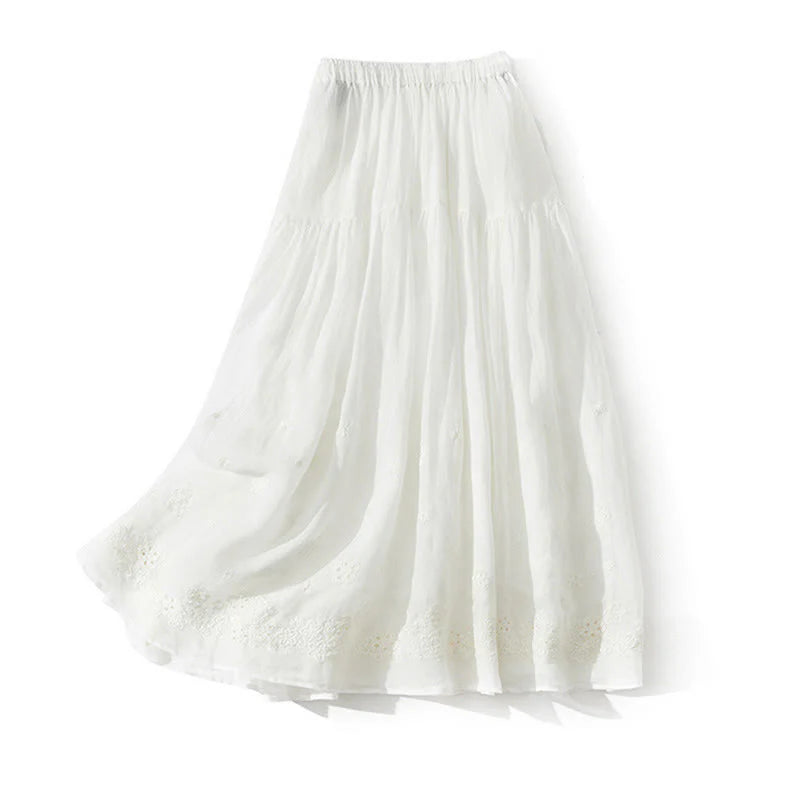 Buddha Stones Embroidery Hollow Design A-line Drawstring High Waist Women's Skirt With Pockets