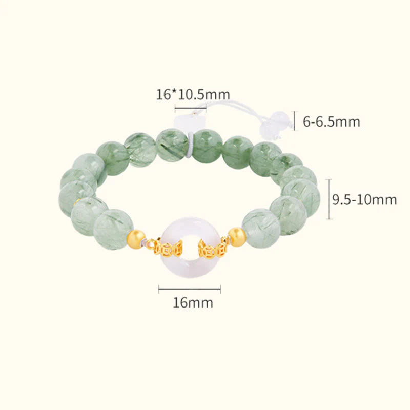 Buddha Stones 925 Sterling Silver Green Rutilated Quartz White Chalcedony Peace Buckle Courage Bracelet