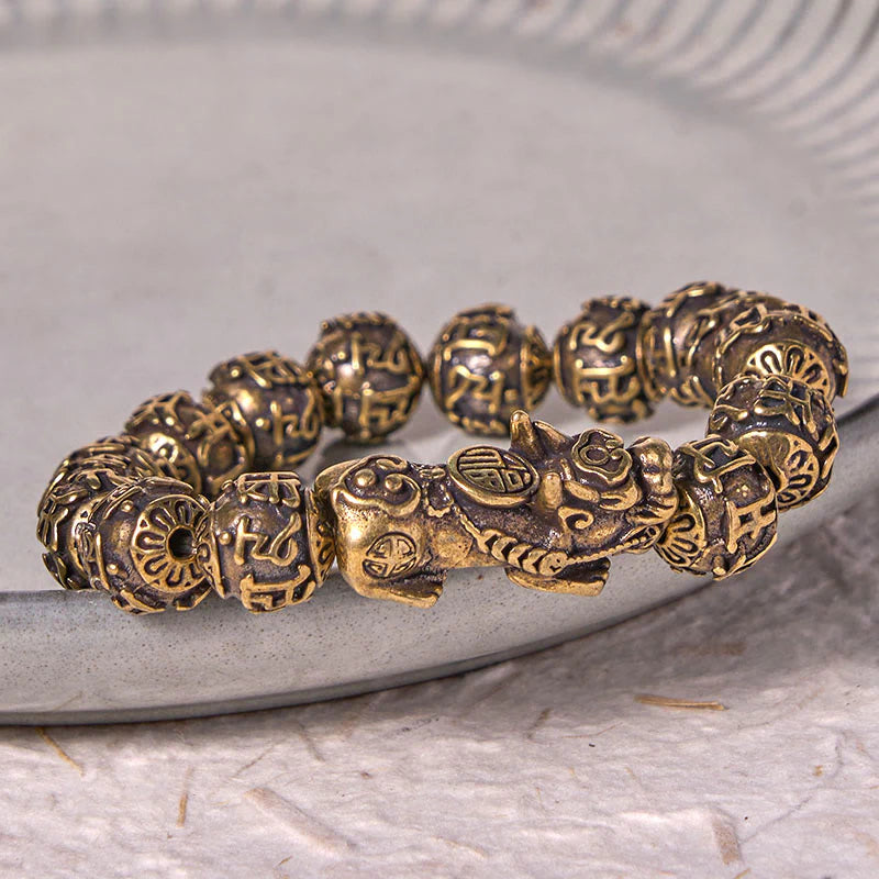 Buddha Stones Pi Xiu Carrying Fu Character Six True Words 'om Mani Padme Hum' Copper Brass Beads Wealth Bracelet Bangle