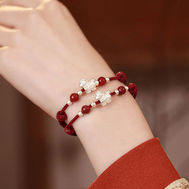 Buddha Stones 999 Sterling Silver Red Agate Year Of The Horse Prosperity String Bracelet