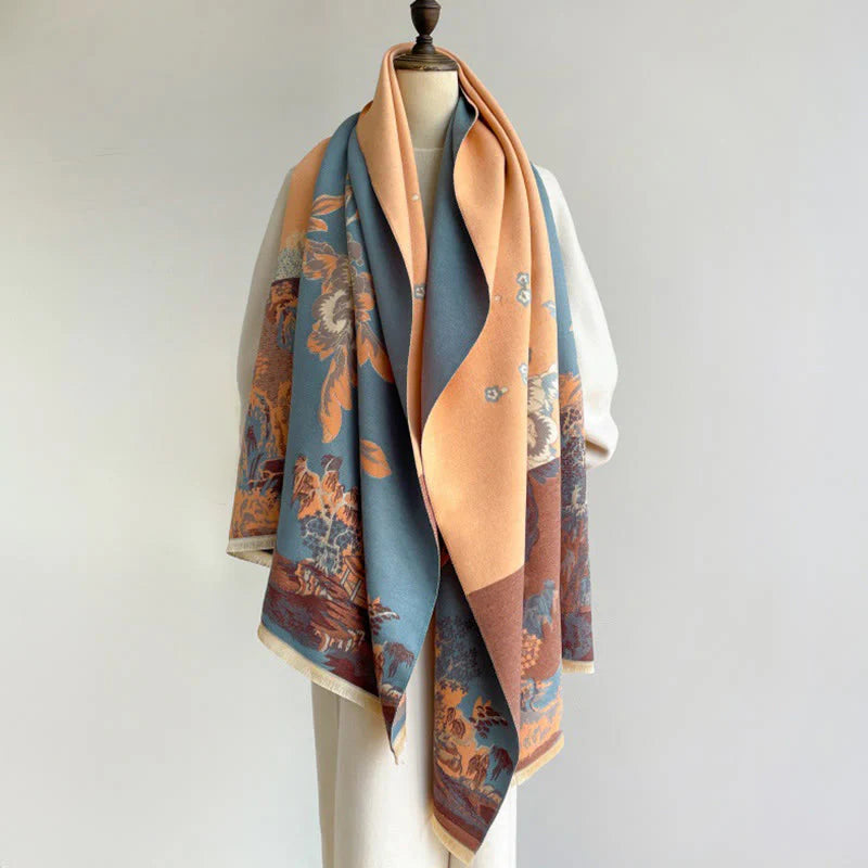 Buddha Stones Fall Flowers Trees Pavilion Pattern Cozy Scarf Shawl