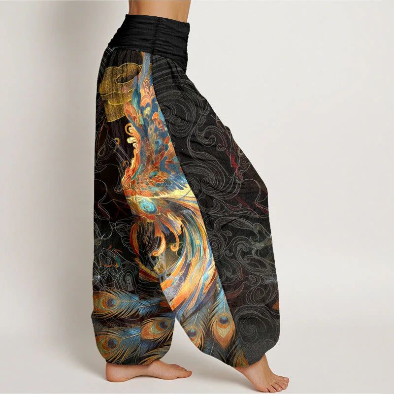 Buddha Stones Pure Cotton Gorgeous Flying Phoenix Cloud Pattern Women's Elastic Waist Harem Pants