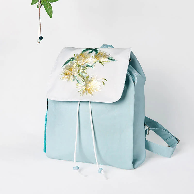 Buddha Stones Handmade Blue Epiphyllum Embroidered Large Capacity Canvas Backpack