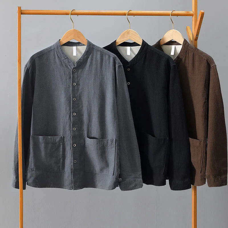 Buddha Stones Solid Color Men's Buttons Long Sleeve Cotton Linen Shirt With Pockets