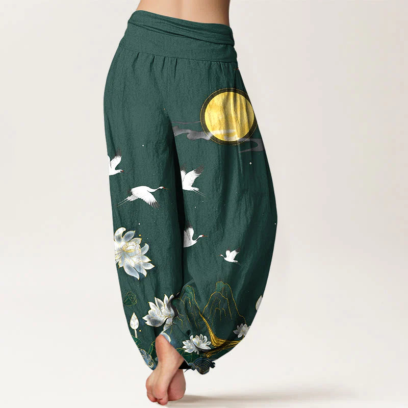 Buddha Stones Pure Cotton Crane Blooming Lotus Moon Mountain Women's Elastic Waist Harem Pants