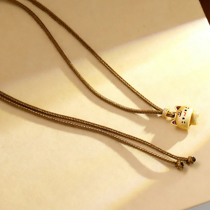 Buddha Stones Cute Cat Copper Plated Gold Adjustable Braided Rope Protection Necklace Pendant