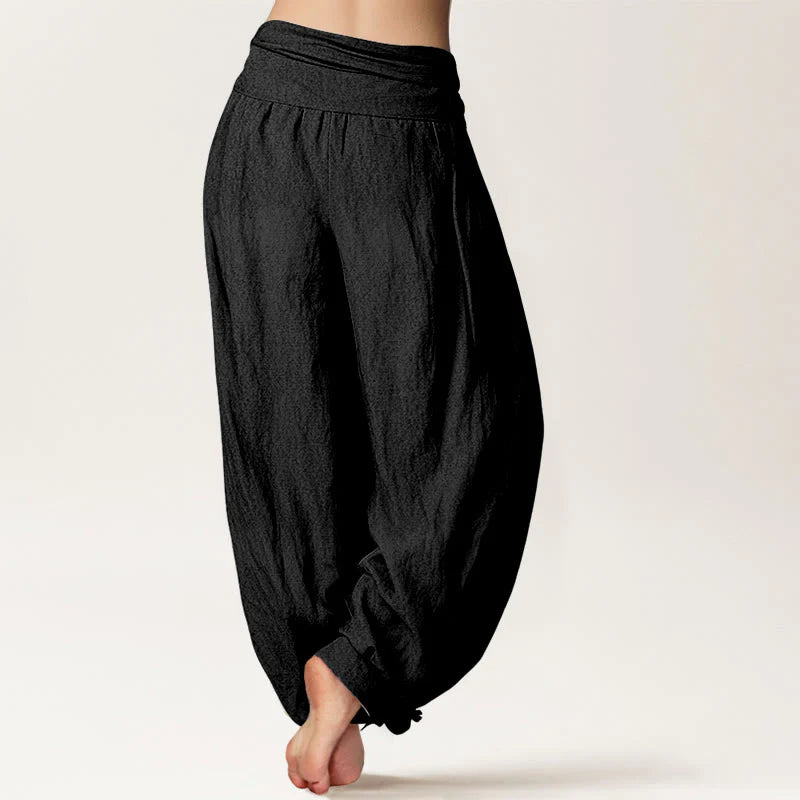 Buddha Stones Namaste Meditating Figure Lotus Pattern Women's Elastic Waist Harem Pure Cotton Pants