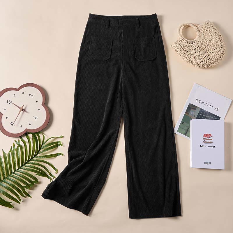 Buddha Stones Plain Corduroy Polyester Women's Buttons Wide Leg Pants With Pockets