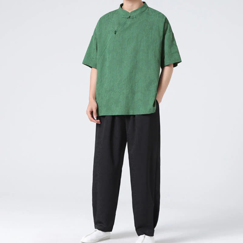 Buddha Stones Retro Pure Color Frog-Button Design Jacquard Flower Pattern Men's Short Sleeve Cotton Linen Shirt