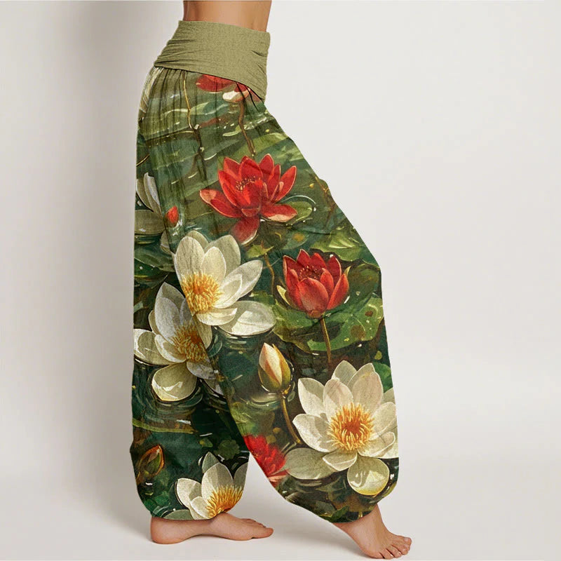 Buddha Stones Cotton Casual Blooming Red Lotus Flower Pattern Women's Elastic Waist Harem Pants