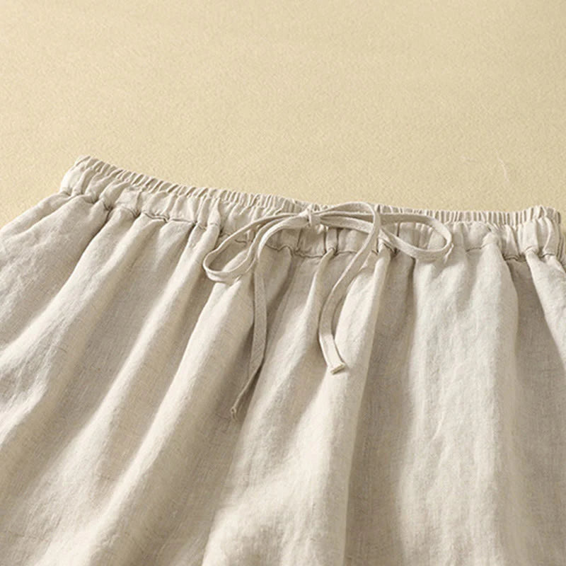 Buddha Stones Casual Retro Drawstring Embroidery Design Women's Cotton Linen 7-8 Length Pants With Pockets