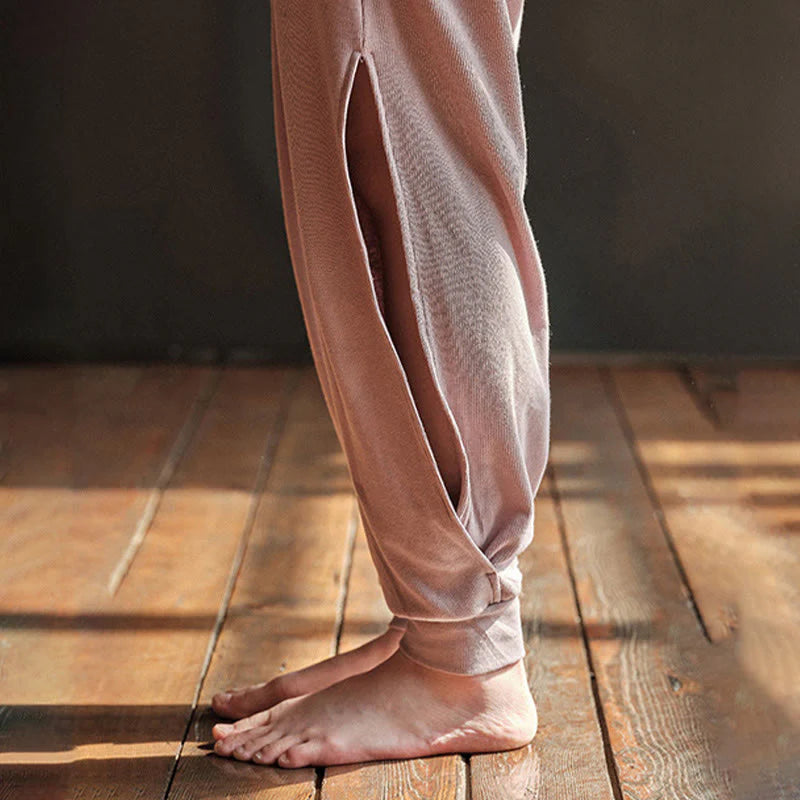 Buddha Stones Casual Plain Threaded Slit Hem Women's Spandex Pants With Pockets