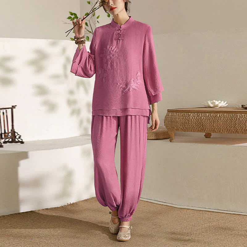 Buddha Stones 2Pcs Long Sleeve Frog-Button Meditation Prayer Zen Practice Tai Chi Uniform Clothing Women's Set