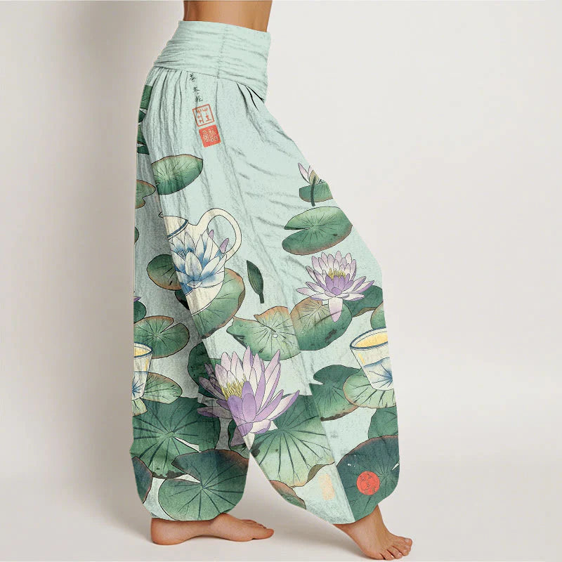 Buddha Stones Pure Cotton Fresh Teapot Cup Lotus Flower Leaf Pattern Women's Elastic Waist Harem Pants