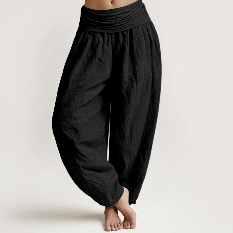 Buddha Stones Pure Cotton Plain Black Women's Elastic Waist Harem Pants