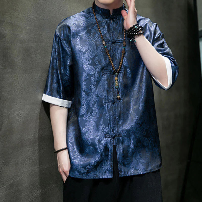 Buddha Stones Summer Cashew Flowers Pattern Men's Frog-Button Half Sleeve Shirts