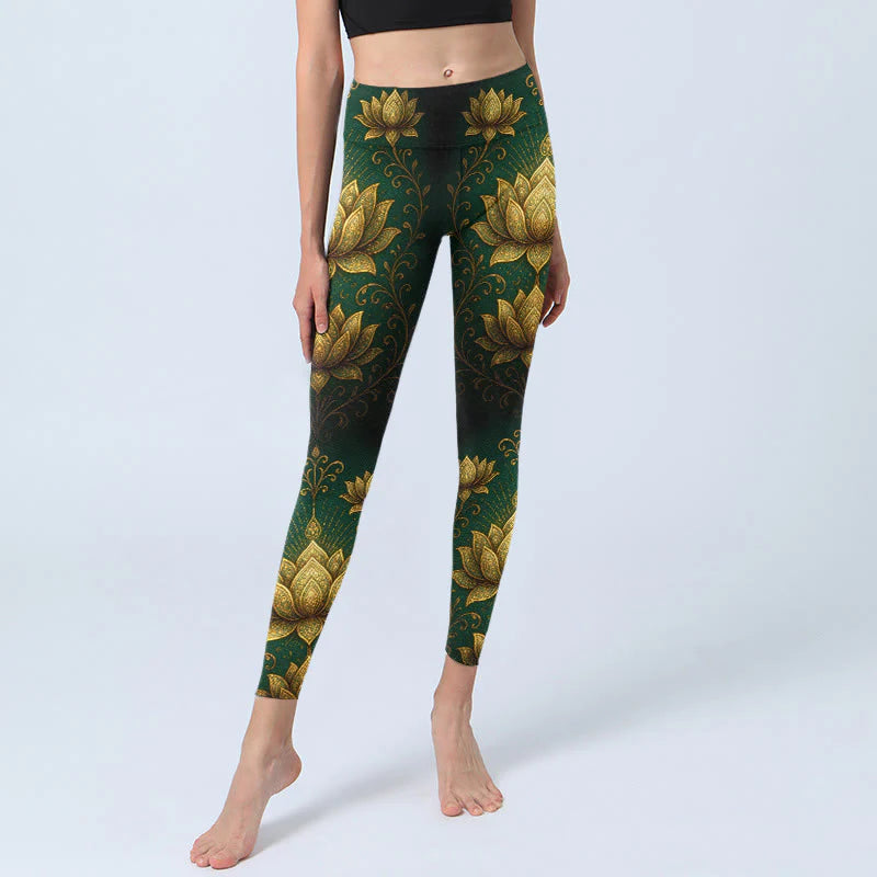 Buddha Stones Golden Lotus Pattern Print Gym Leggings Women's Yoga Pants