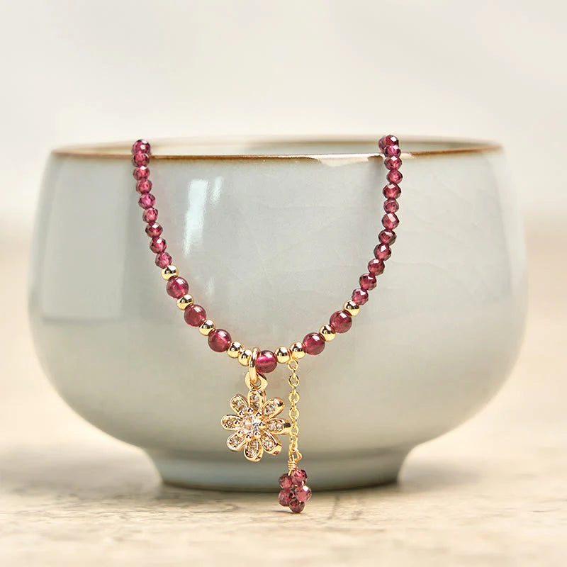 Buddha Stones Natural 2.5mm Garnet Beads Flower Purification Multilayer Bracelet